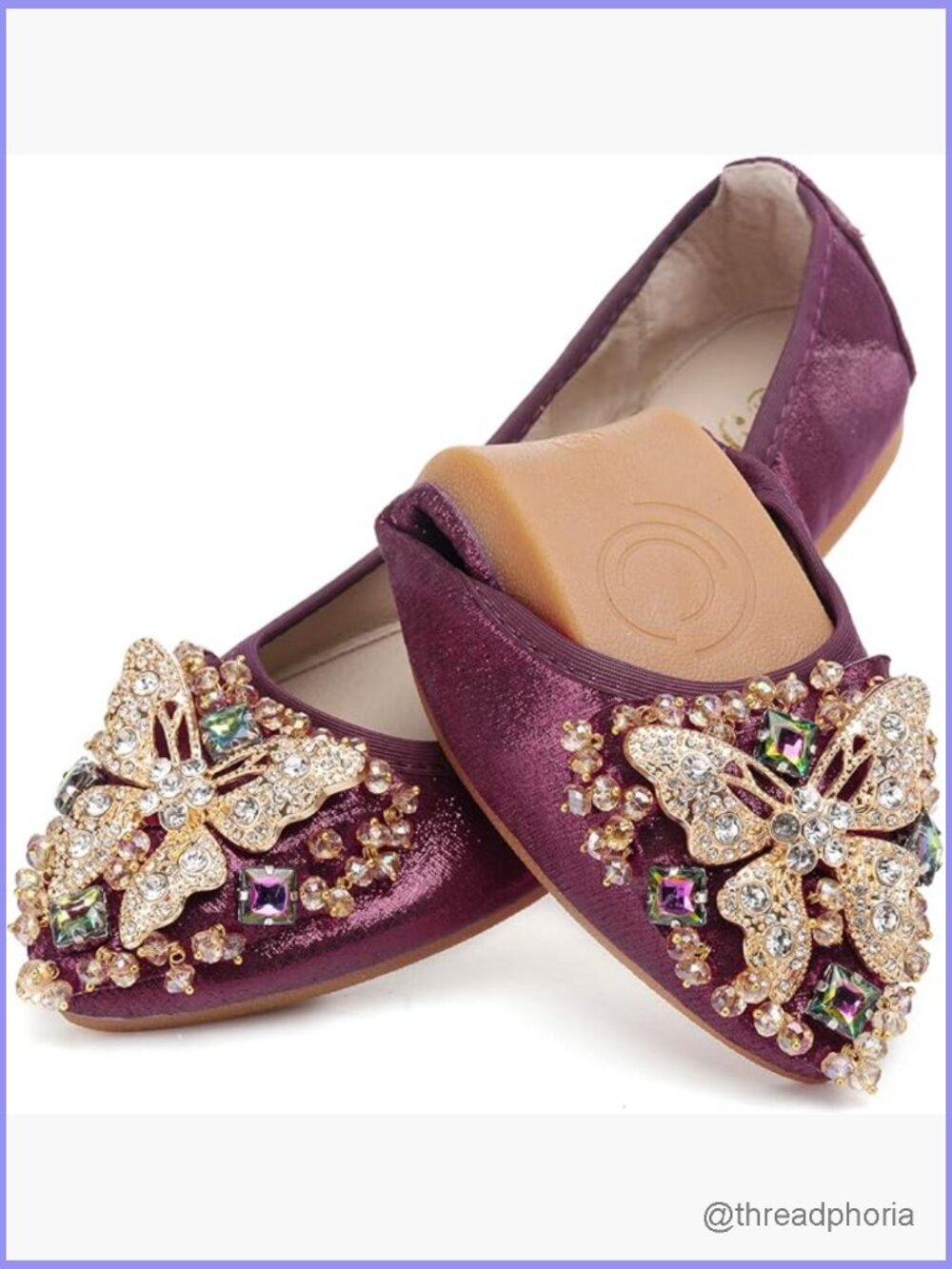 Foldable Rhinestone Pointed Toe Ballet Flats - Slip On Wedding Shoes